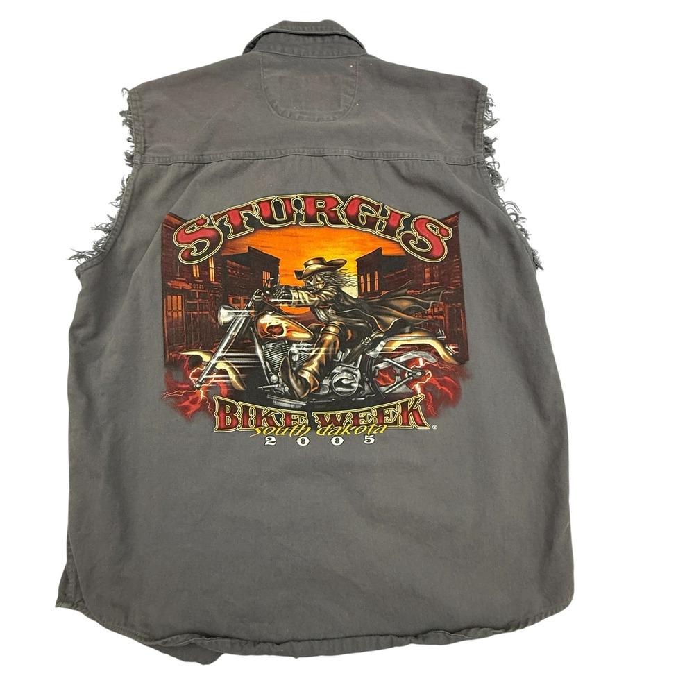 Sturgis Bike Week Sleeveless Vest Men Medium Gray Biker Frayed Graphic 2005